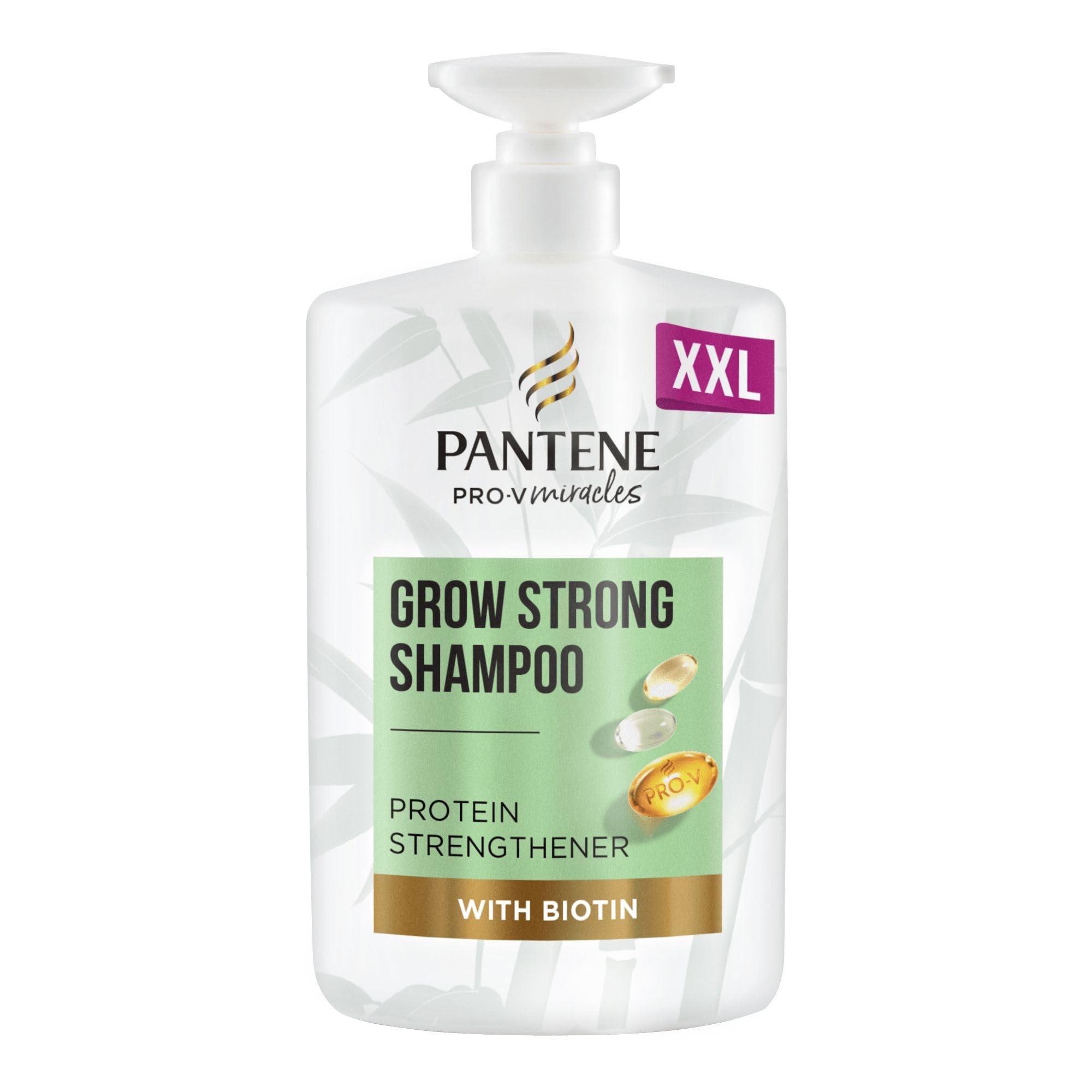 Pantene Grow Strong Shampoo with Biotin & Protein Strengthener 1L XXL pump. Helps Reduce Hair Loss Due to Breakage for Hair that Grows Long & Strong. For Dry Damaged Hair, helps promote hair growth.