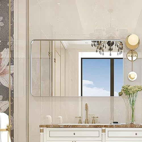 Espejo de baño grande plateado de 30 x 20 pulgadas, espejo rectangular de metal para tocador de baño, espejo moderno inastillable con borde biselado