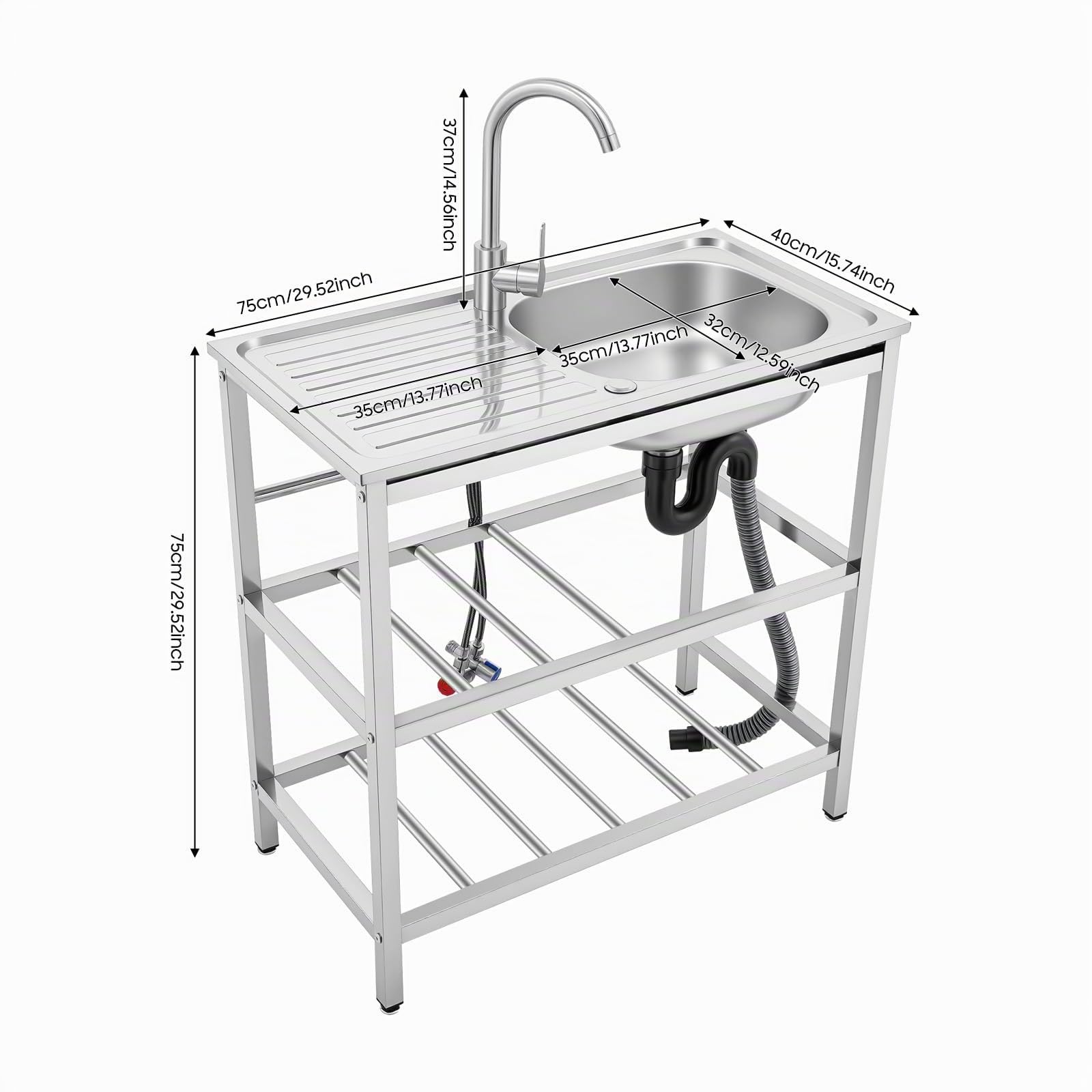 Evier Inox Exterieur,Evier Sur Pied Cuisine,Evier multifonction,Evier Professionnel Avec Robinet Pivotant,Eau Chaude Froide,Double Etagere Rangement,Cuisine Jardin Restaurant Garage