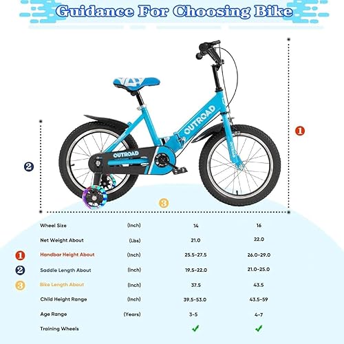 Miniatura 7 de Omelaza Bicicleta plegable de 1416 pulgadas para niños y niños con ruedas de entrenamiento intermitentes y freno de mano, bicicleta para niños y