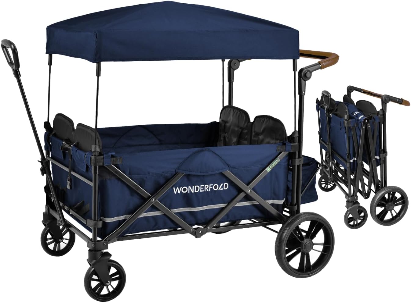 WONDERFOLD X4 Push & Pull Quad Stroller Wagon (4 Seater) Featuring Seats with 5-Point Harnesses, Adjustable Push Handle, and Adjustable/Removable UV-Protection Canopy, Sapphire Navy