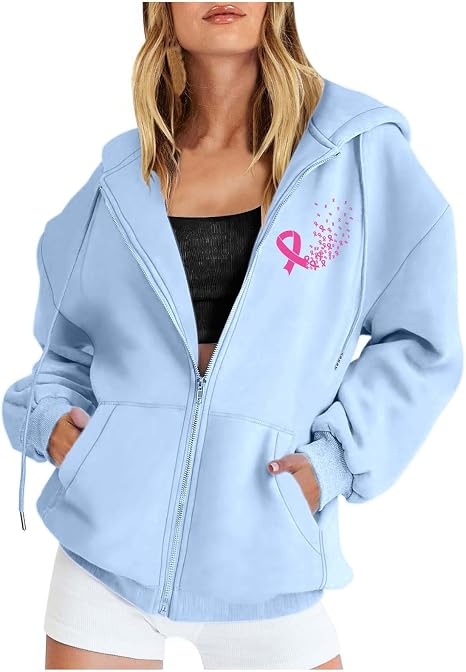 Sweat à Capuche Zippé Octobre Rose - Femme, Oversize, Imprimé Ruban, Pour Sport Et Décontracté