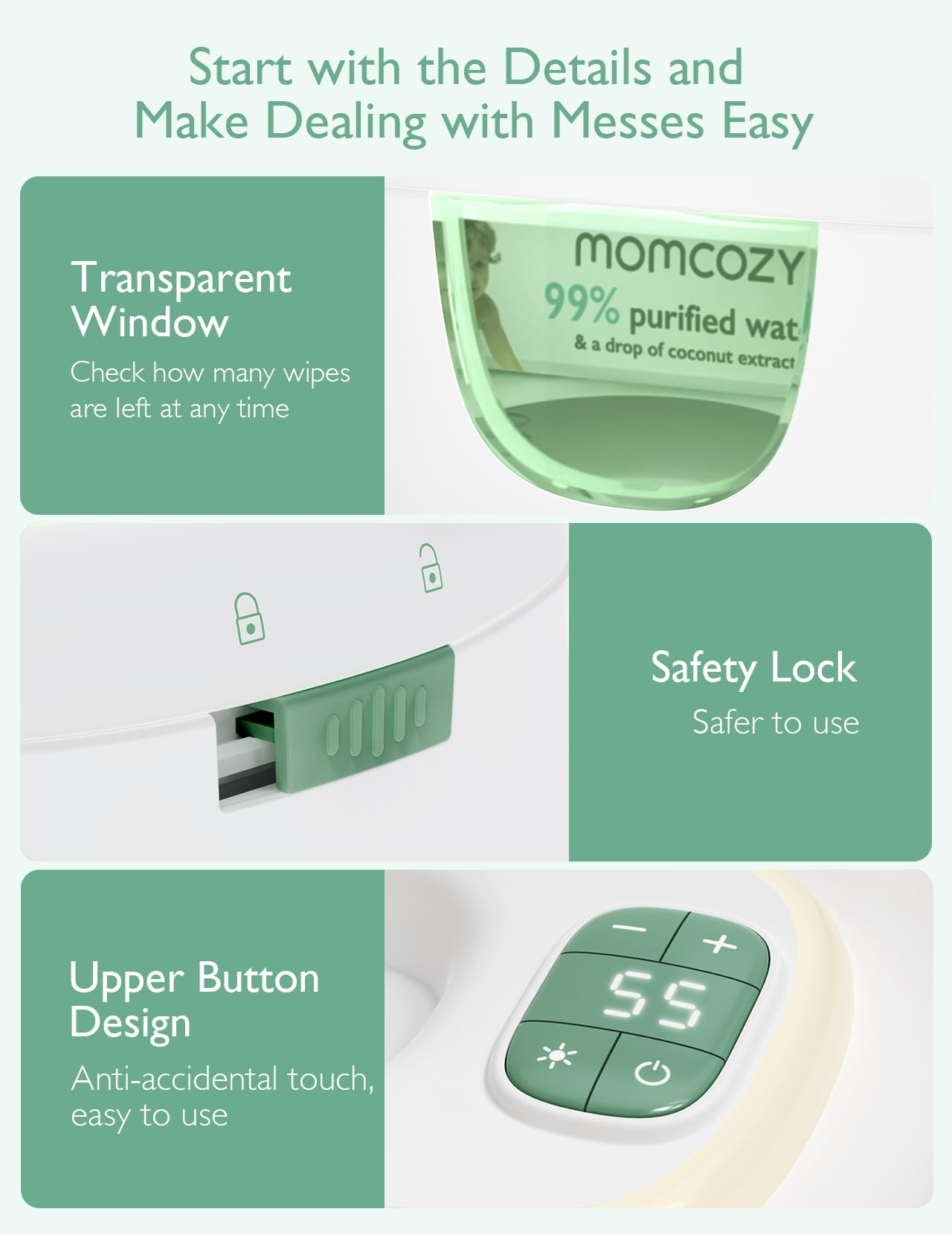 Momcozy Chauffeur de Lingettes Bébé – Design à ressort, grande capacité, chauffage rapide uniforme, 4 températures et veilleuse