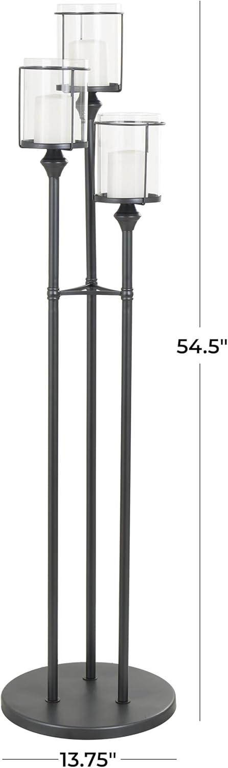Deco 79 Metal Room Hurricane Lamp Tall Floor Hurricane Candle Holder with 3 Posts and Round Base, Table Centerpiece Lamp 14" x 14" x 55", Black
