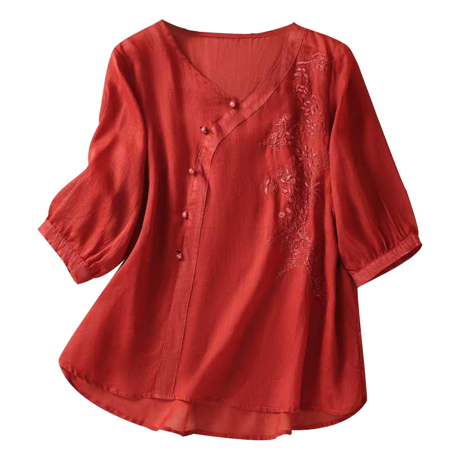 シャツ+ブラウス(半袖+袖なし) VINTAGE - Vintage China Blouse Red Mandarin ヴィンテージ ショート丈 開衿シャツ ブラウス | Monique