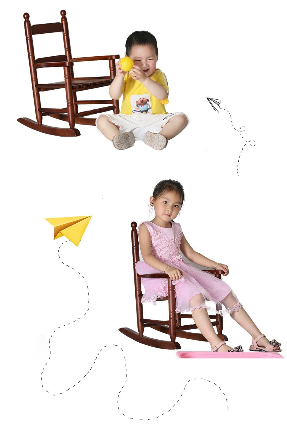 HWF schaukelstuhl Holz Hölzern Kinder Schaukelstuhl für Mädchen Jungen, Kindergarten Kleinkind Schaukelstuhl für 1-8 Jahre alt, Kind Rocker Liege für Innen-Außenterrasse Veranda (Color : Retro)