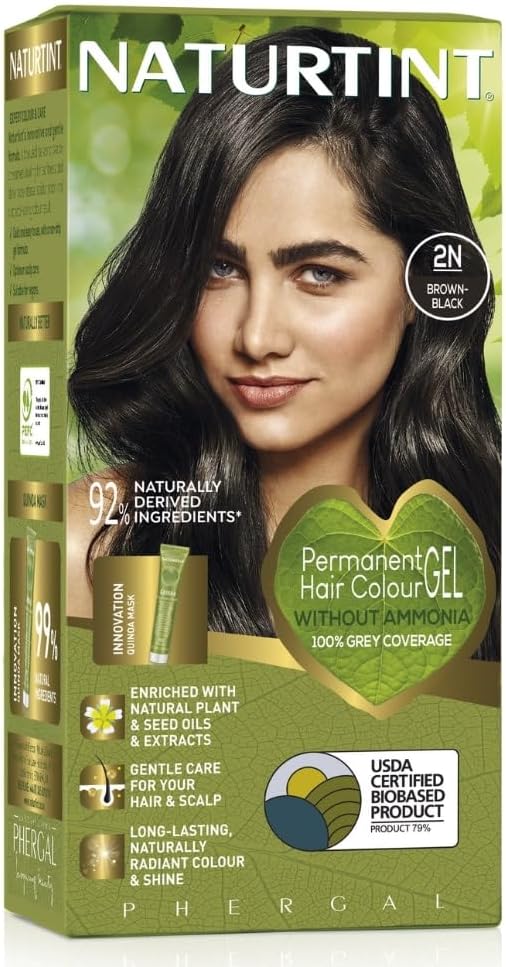 Naturtint Permanent Hair Colour Gel 2N Brown-Black, Plant Enriched, Biobased, Ammonia Free, Long Lasting Grey Coverage and Radiant Colour, Nourishment and Protection