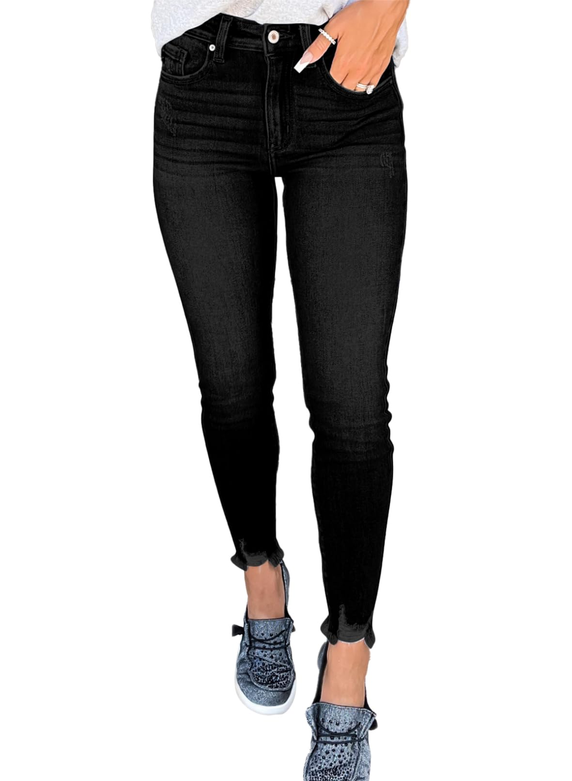 SHEWIN Skinny Raw Hem Jeans for Women High Waisted Stretchy Trendy Slimming Jeggings Ankle Denim Pants with Pockets