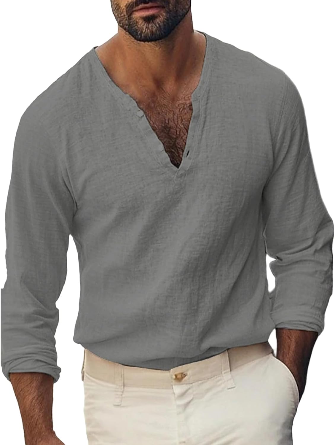 Men Long‑Sleeve V Neck Henley Shirt Loose Fit Linen Casual T‑Shirt