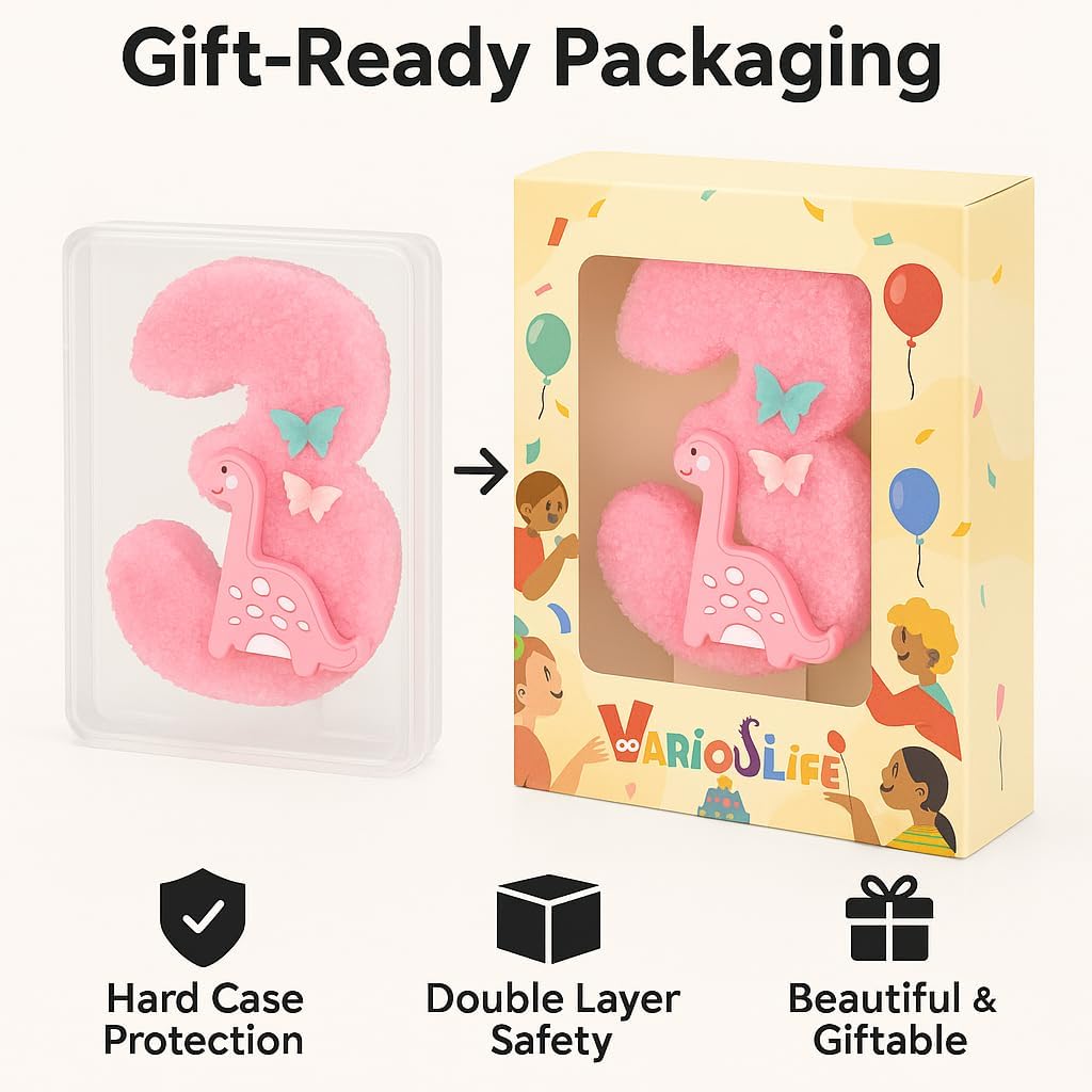 Pink Glow in the Dark Birthday Number Candles 3 with Dinosaur for Girl