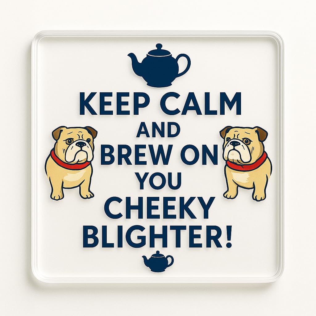 The Plum Penguin [Pending Uniqueness Check] Funny Acrylic Coaster Gift For Dad Birthday - Cheeky British Bulldog And Teapot Illustration Modern Perspex Novelty Present For Tea Lovers