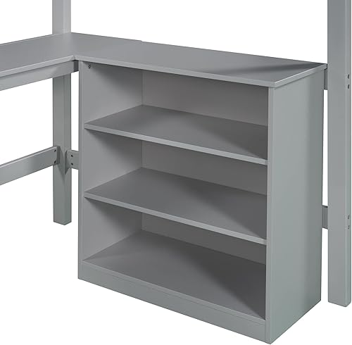 Miniatura 7 de Cama tipo loft de tamaño individual con 3 estantes de almacenamiento y escritorio integrado marco de cama loft de madera con escalera convertible y