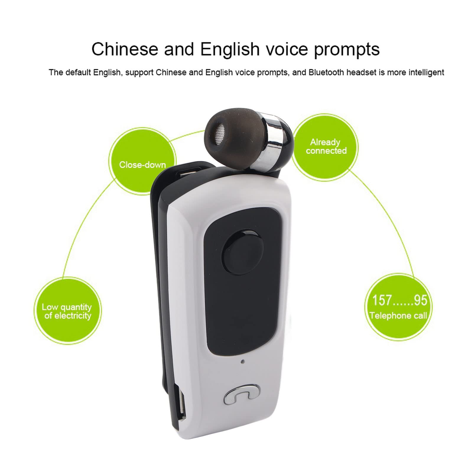Elprico Bluetooth-Headset, F920 Sport Bluetooth-Headset Ohrhörer Einziehbarer Freisprech-Kopfhörer für Telefon(Weiß)