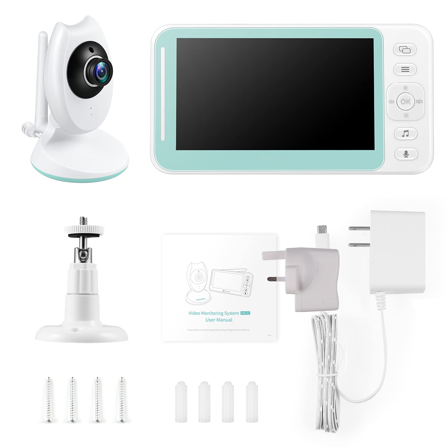 Vigilabebés con Pantalla LCD de 4,3", visión Nocturna, conversación bidireccional, Sensor de Temperatura, recordatorio de energía, 8 Canciones de Cuna, batería de Alta Capacidad - Blanco