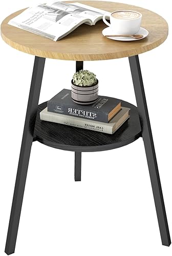 Miniatura 10 de INHABIT UNION Mesa auxiliar, mesa auxiliar redonda de 2 niveles con marco de metal, mesita de noche industrial, mesita de noche, mesa de centro para