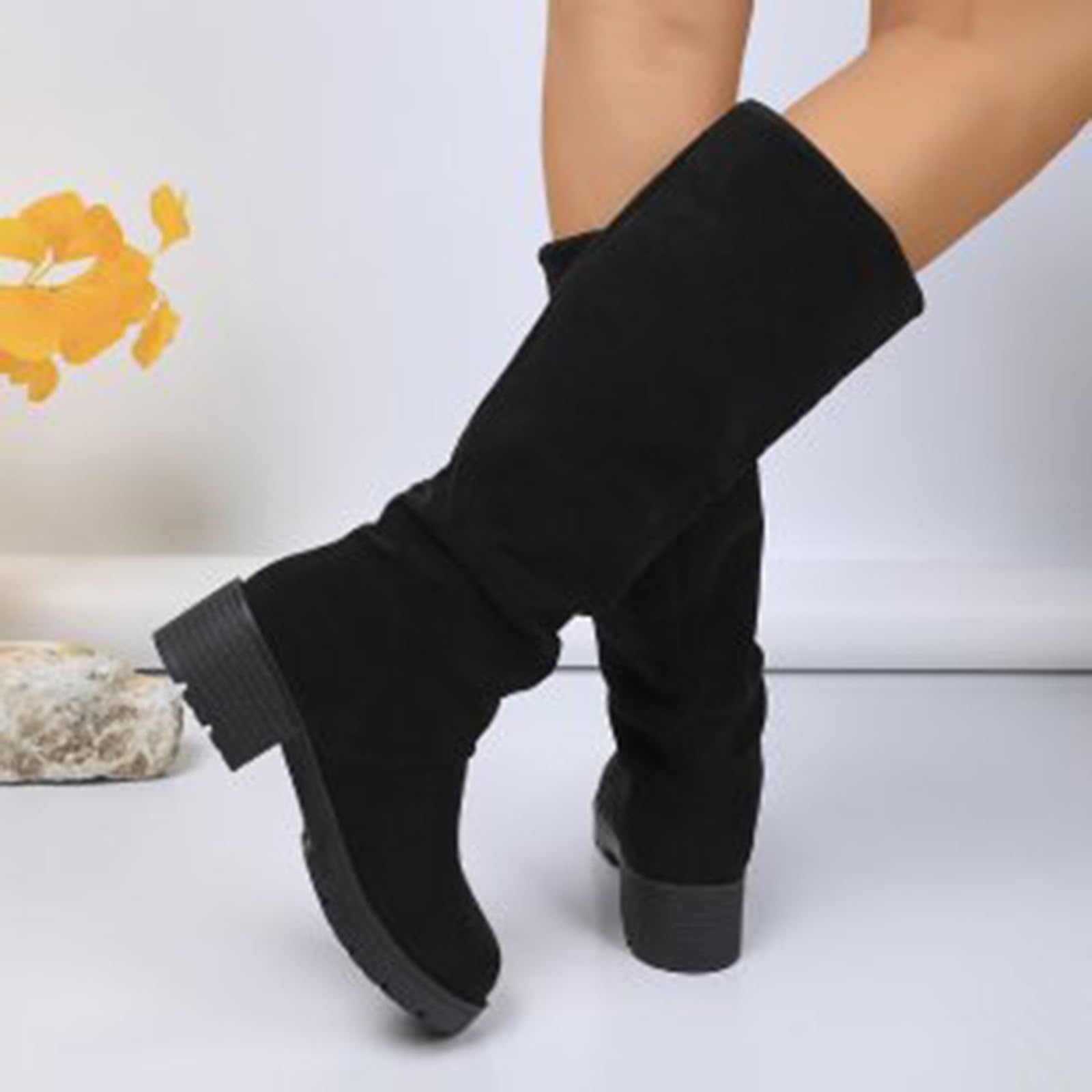 Generisch Kniehohe Stiefel Damen Blockabsatz Langschaftstiefel Rutschfest Hohe Schlupfstiefel Dicker Sohle Halbstiefel Runde Herbst Winter Schlupfschuhe Outdoorschuhe Winterstiefel Overknees Stiefel