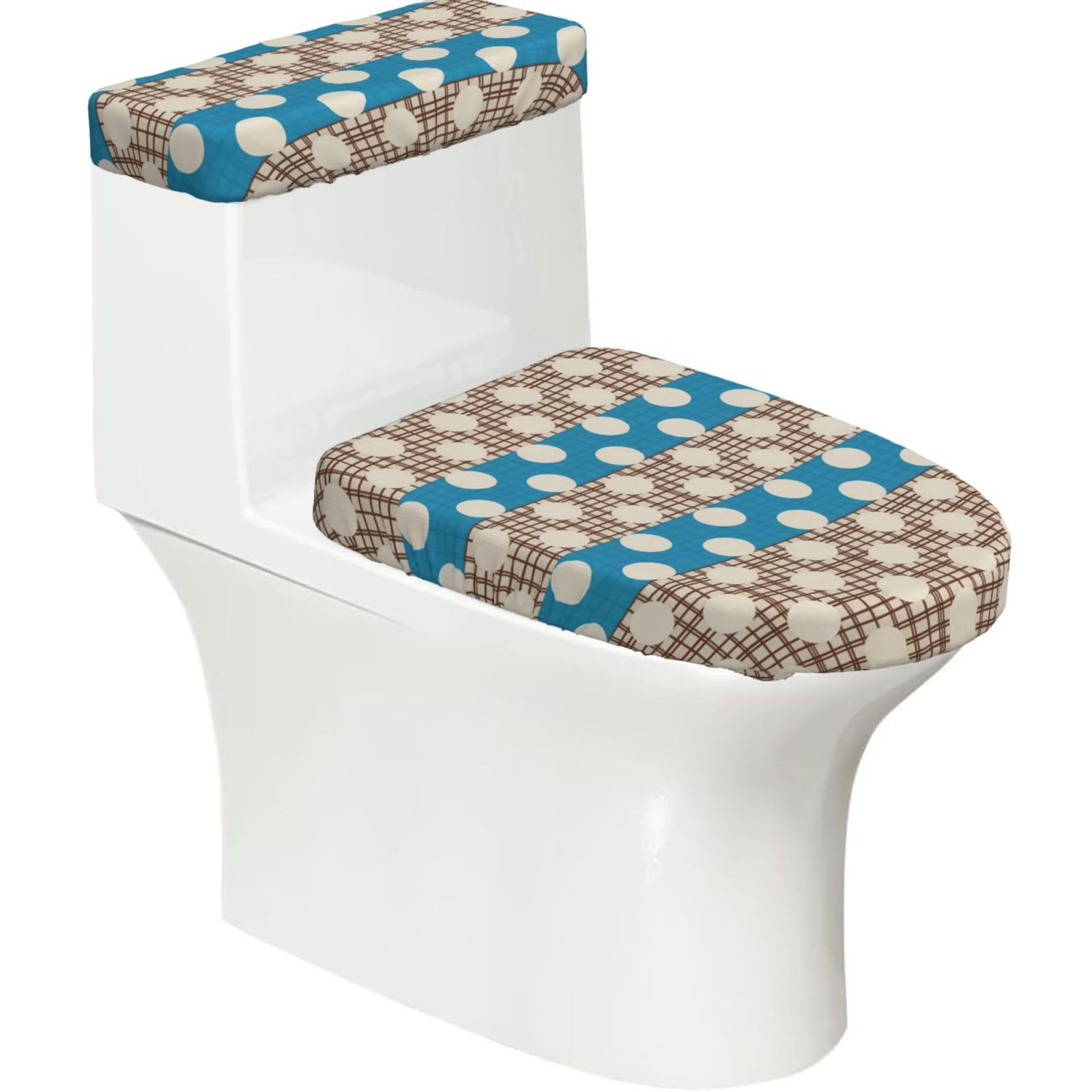 Dot Plaid Stripe Elastic Toilet Cover Set of 2-Stretchy Lid and Tank Covers for Bathroom, Soft Washable U Shape Toilet Decor