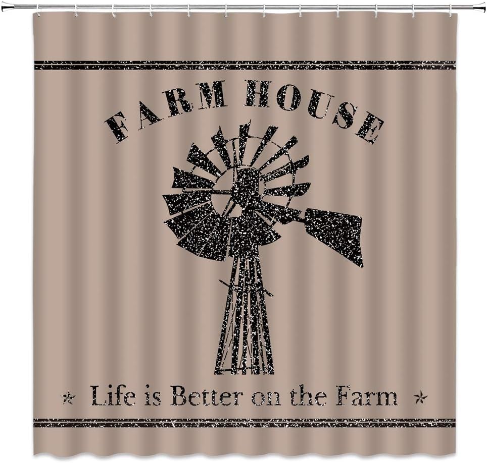 Cortina de ducha rústica, vintage, color negro, molino de viento de granja, citas divertidas, estilo retro del suroeste, estilo campestre, juego de