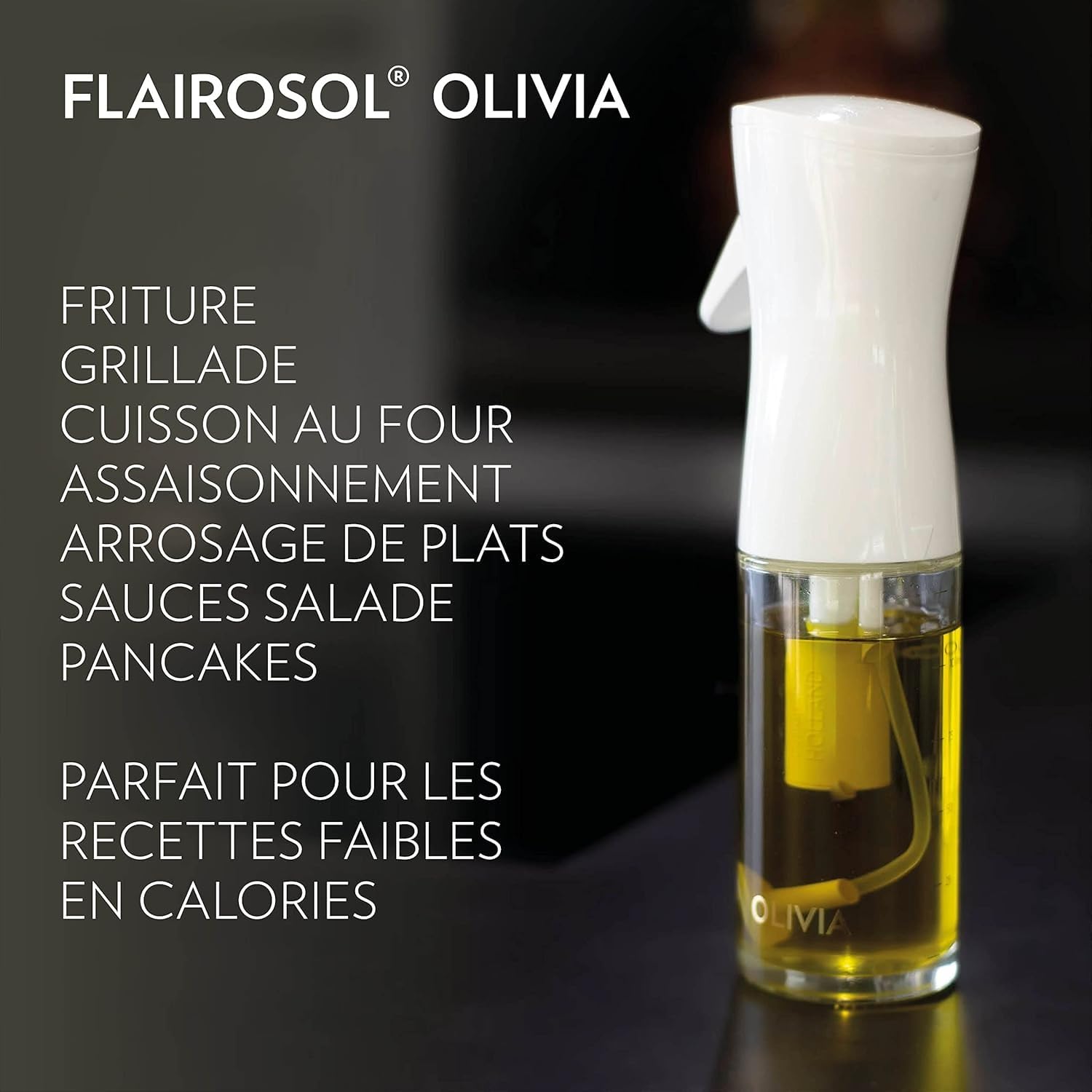 FLAIROSOL OLIVIA Vaporisateur d'Huile en Verre 130ml - Technologie de Pulvérisation Continue avec Contrôle des Portions - Polyvalent pour Cuisine, Salades, Barbecues, Vuisson, etc. (Logo Blanc)