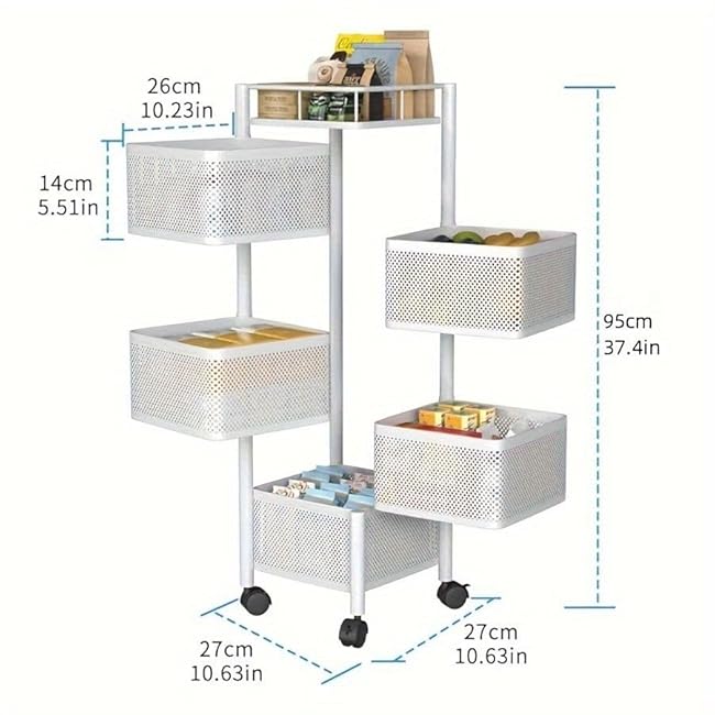 5-Tier Rotating Kitchen Storage Shelf Metal Multi-Layer Vegetable Fruit Basket Organizer with Wheels Square Floor-Standing Rack for Pantry Bathroom Living Room (White)-U4jvLfoI