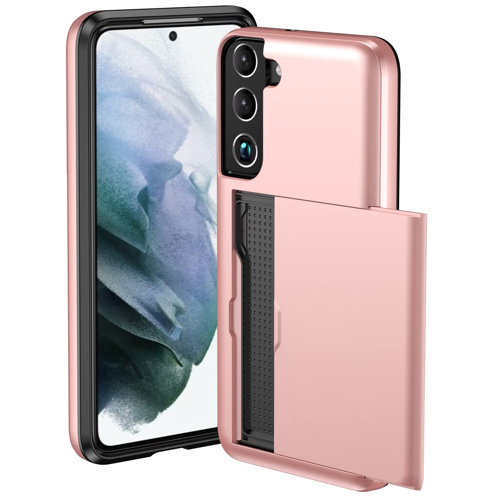 Compatible with Galaxy S22 Plus Case Wallet with Card Holder Slot Shockproof Hard PC TPU Phone Case Slide Flip Protective Cover for Samsung Galaxy S22 Plus Rose Gold