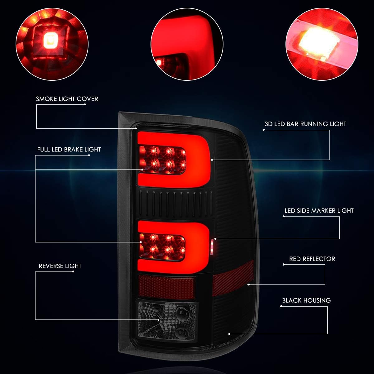 PM PERFORMOTOR C-Shape 3D LED Tail Lights Brake Lamps Assembly Compatible with 07-14 GMC Sierra,Black Housing