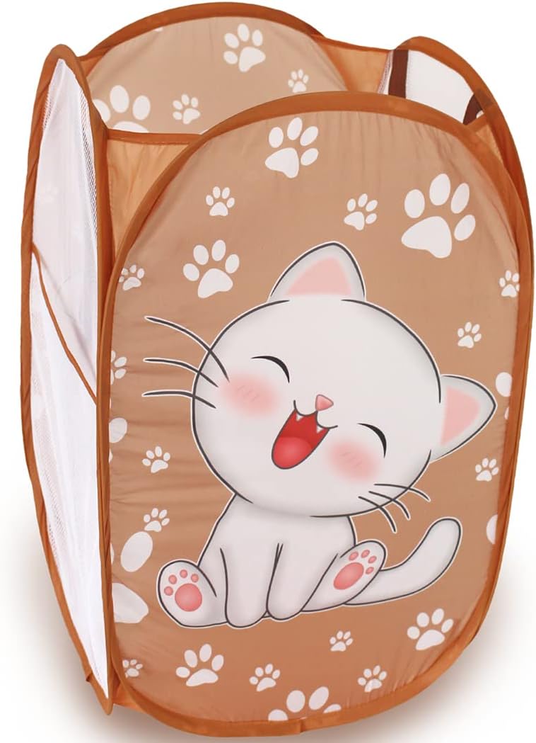 WEI LONG Cute Foldable Pop Up Hamper - Mesh Laundry Basket Durable Handles Toys Tidy Clothes Socks Storage Bag (Khaki Cat Paw)