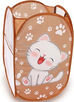 WEI LONG Cute Foldable Pop Up Hamper - Mesh Laundry Basket Durable Handles Toys Tidy Clothes Socks Storage Bag Khaki Cat Paw