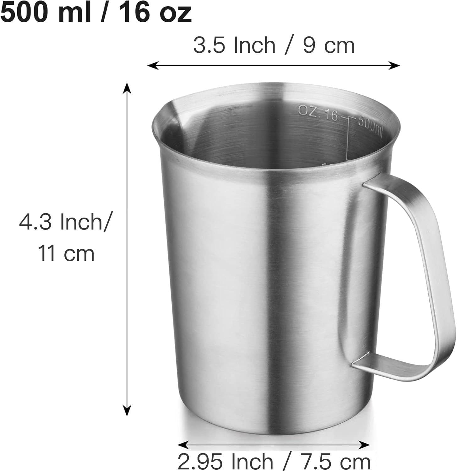 CURTA 18/8 Stainless Steel Measuring Cup with Handle and Pour Lip, Metal Pitcher with Oz and ML marking, 16OZ/500ML- 2 Cup), Heavy-Duty Pitcher - Image 3