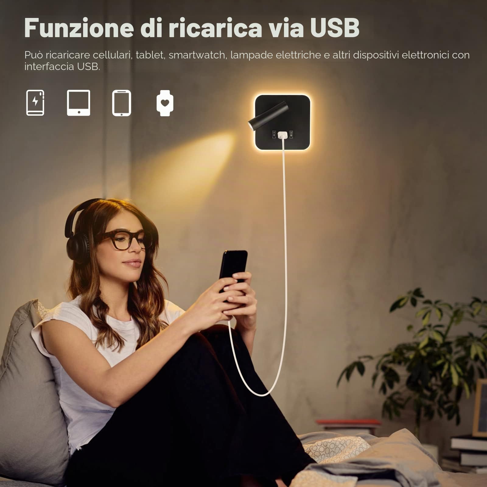 Applique da Parete da Lettura sul Comodino 3W + 9W 3000K, Lampada da Parete a LED con Porta di Ricarica USB e Interruttore, Faretto Regolabile per Camera da Letto Scale Salotti Hotel(quadrato 2 nero)