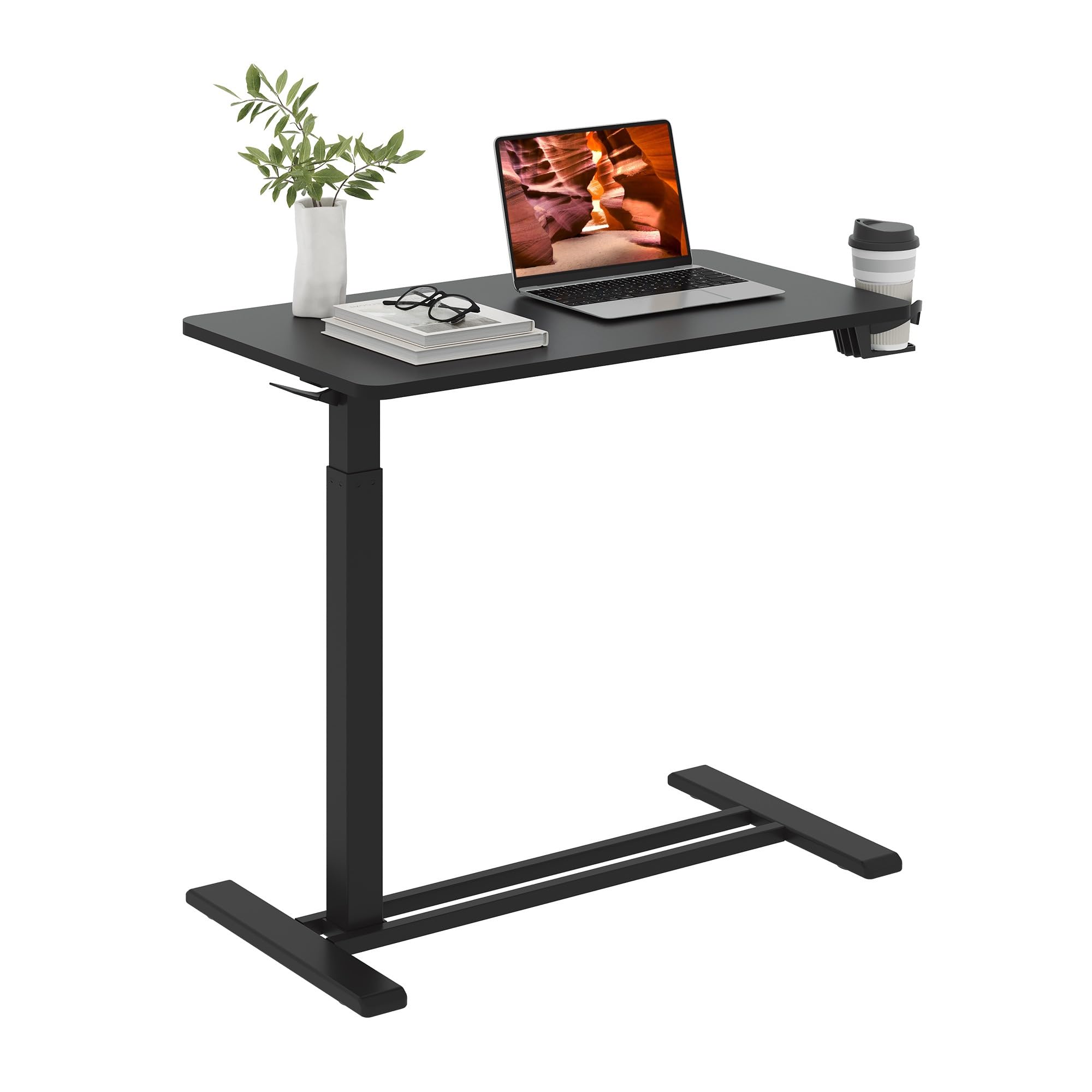 FitStand Medical Overbed Adjustable Bedside Table with Hidden Casters, Mobile Pneumatic Rolling Laptop Standing Desk with Tray for Home & Hospital Use