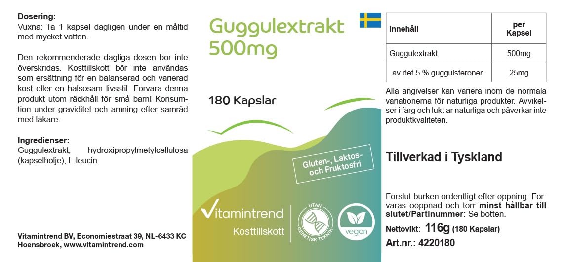 Vitamintrend Extrait de Guggul 500 mg, 180 gélules, 5% de guggulstérones, hautement dosé, végétalien sans stéarate de magnésium, fabriqué en Allemagne