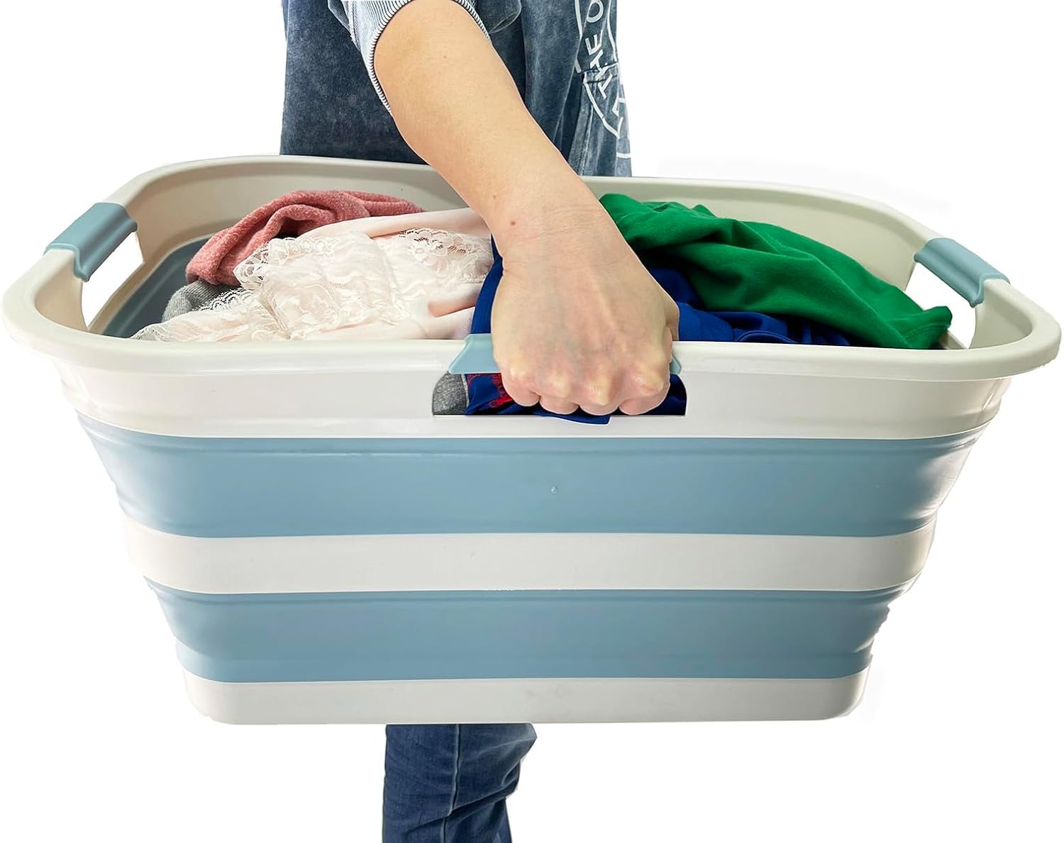 SAMMART 42L (11 gallons) Collapsible Plastic Laundry Basket - Foldable Pop Up Storage Container/Organizer - Portable Washing Tub - Space Saving Hamper/Basket (2, Grey/Sterling Blue)