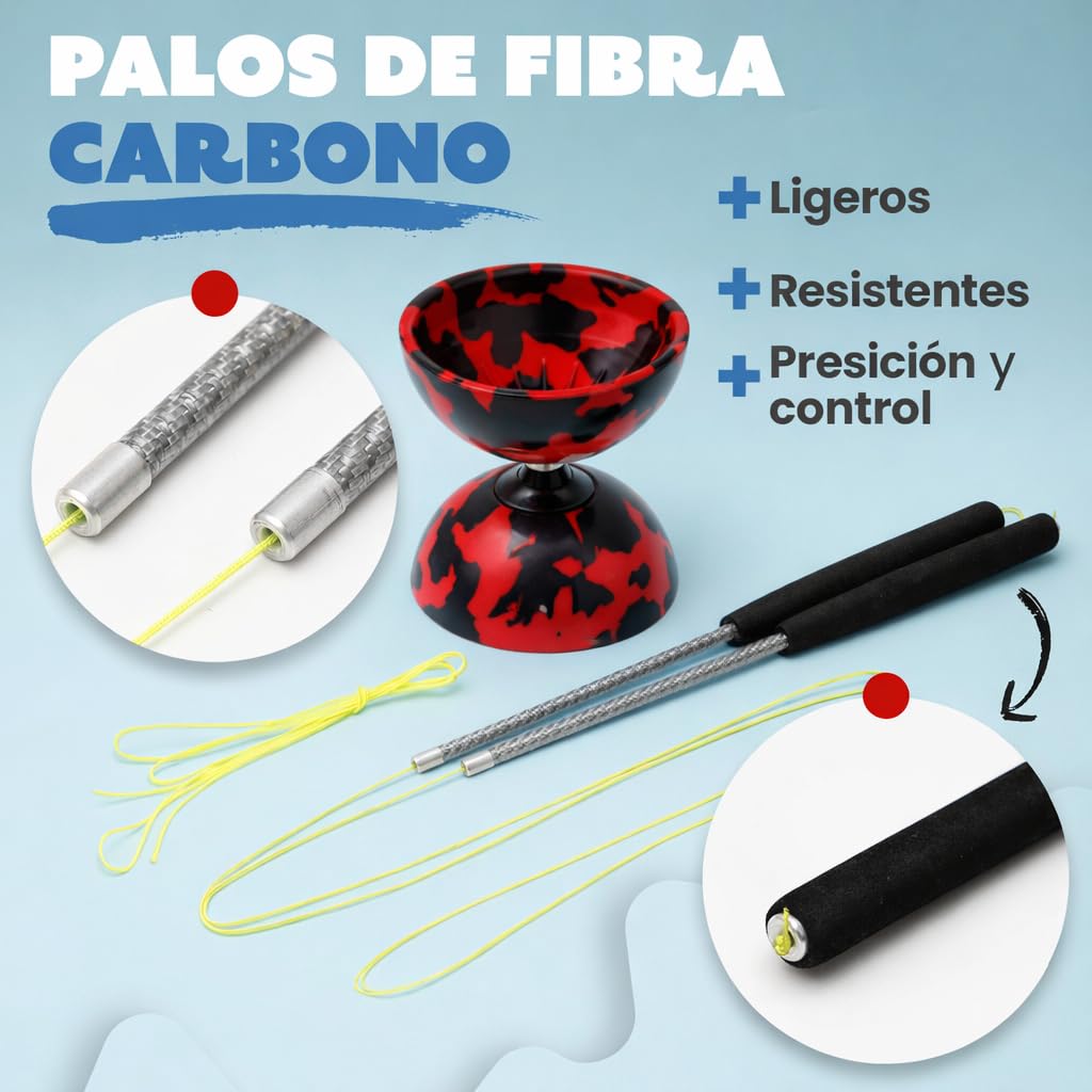 Diábolo Profesional Triple Rodamiento, Diabolo de Malabares con Palos de Fibra de Carbono, Cuerda y Bolsa de Transporte, Estable y Resistente para Principiantes y Adultos (Rojo y Negro)