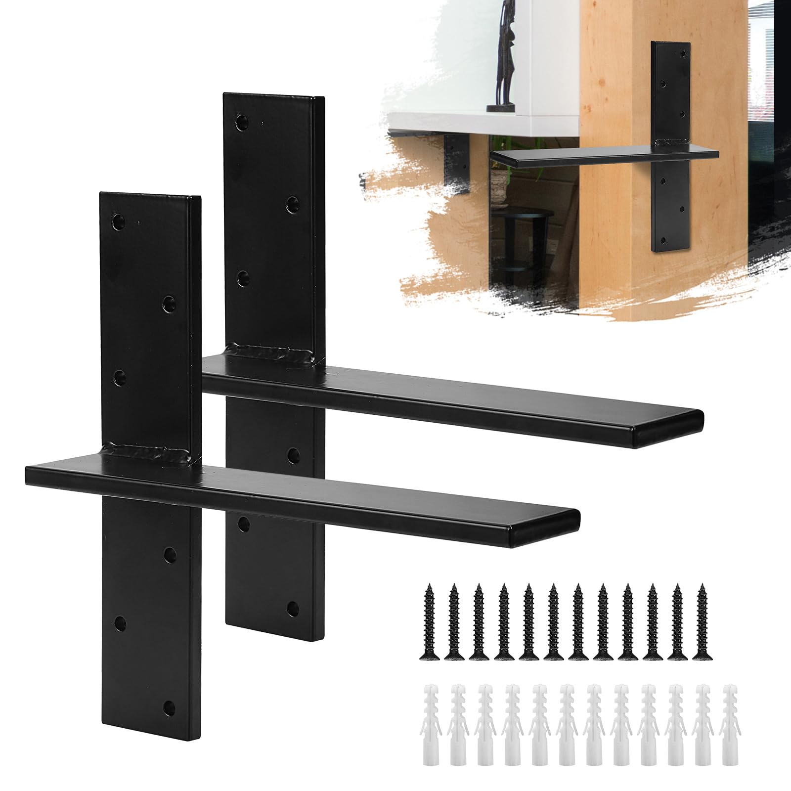 Pehciroe2 Pack Free Hanging T Shelf Bracket, Solid Heavy Duty Steel T Shelf Bracket with Screws, Floating Shelf Brackets, Granite Countertop Support Brackets,Powder Coated, DIY Projects (12 Inch)