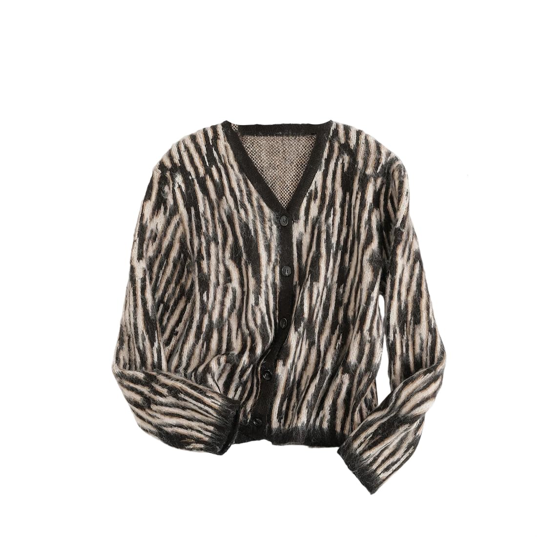 Women Casual Brown Striped V-Neck Knit Cardigan Warm Long Sleeve Layer Buttons Open Knit Sweater