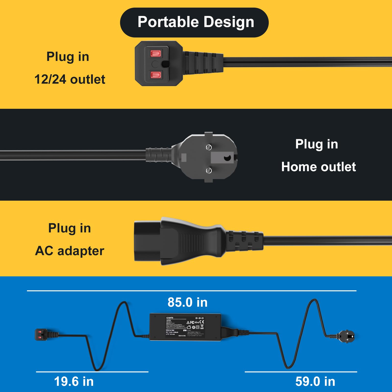 Adapter prądu zmiennego 87W do lodówki samochodowej części zamrażarki samochodowej kompatybilny z Alpicool Bodega Euhomy BougeRV ARB ICECO SetpowerJoyTutus i większością markowych