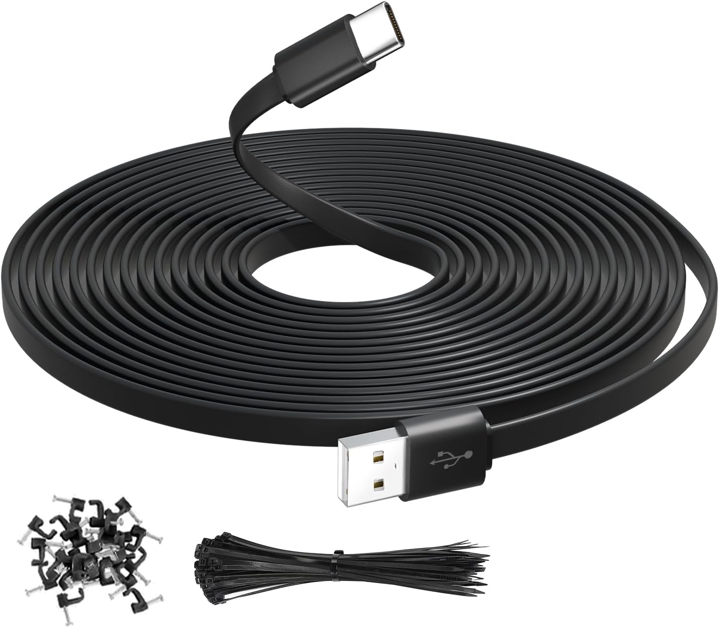 16.4FT/5M Extra Long Flat USB A to USBC Cable with Fixing Nails and Ties Data Transfer Charging Power Extension Cord for Home Security Cameras, Phones, Tablets, Gaming Controller, etc