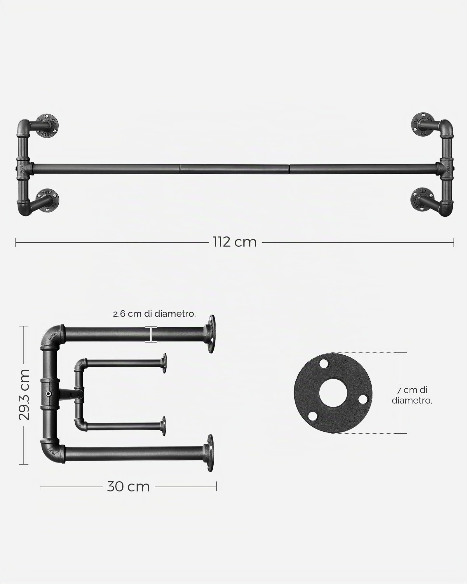 SONGMICS Set di 2 Attaccapanni da Muro, Barra Appendiabiti da Parete a Tubo, Stile Industriale, Salvaspazio, 112 x 30 x 29,3 cm, Portata di 60 kg, Montaggio Facile, per Spazio Stretto, Nero