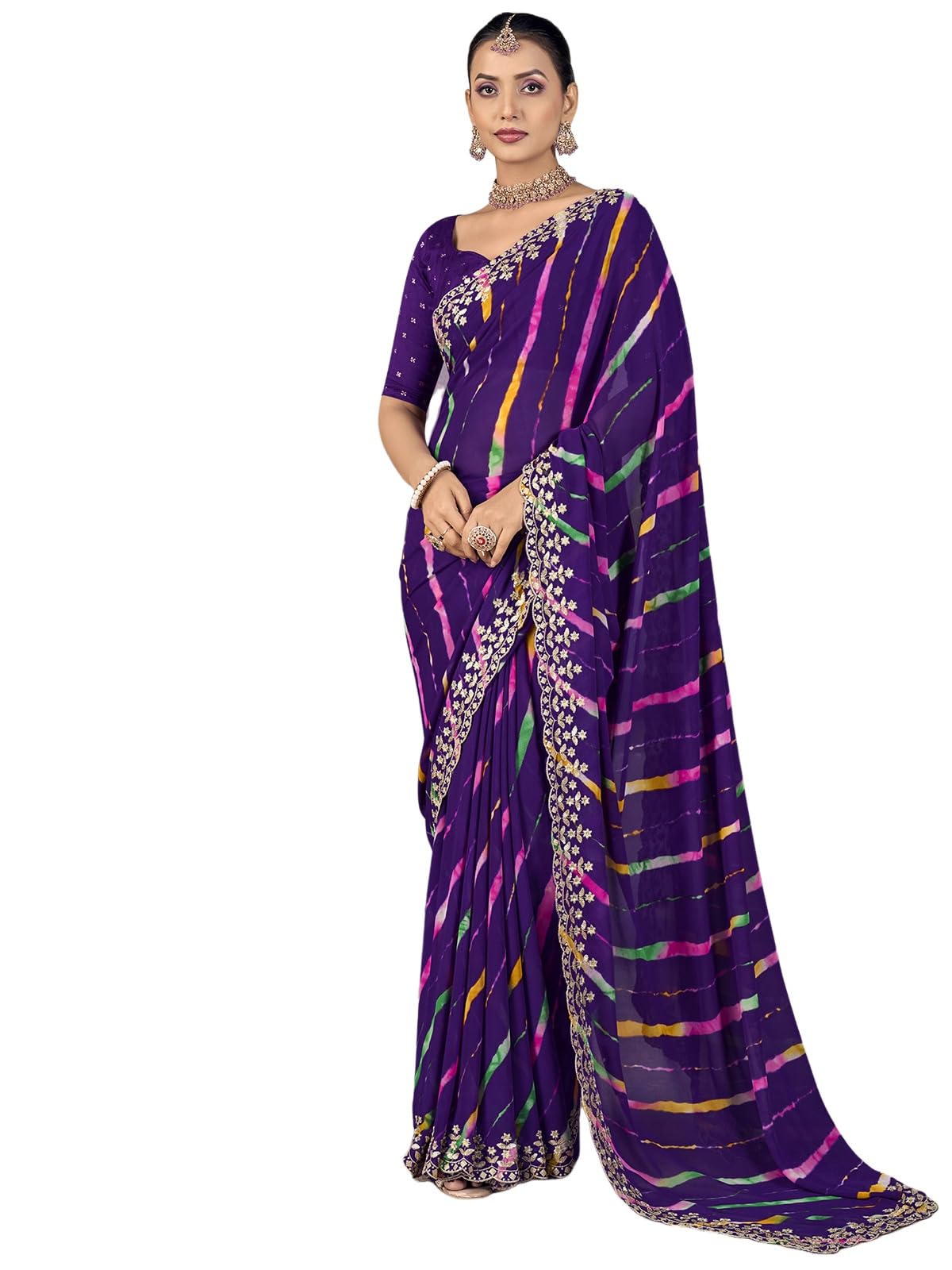 Satrani Women's Georgette Leheriya Printed & Embroidery And Sequins Work Border Saree With Unstitched Blouse Piece (4165S920N_Dark Purple)