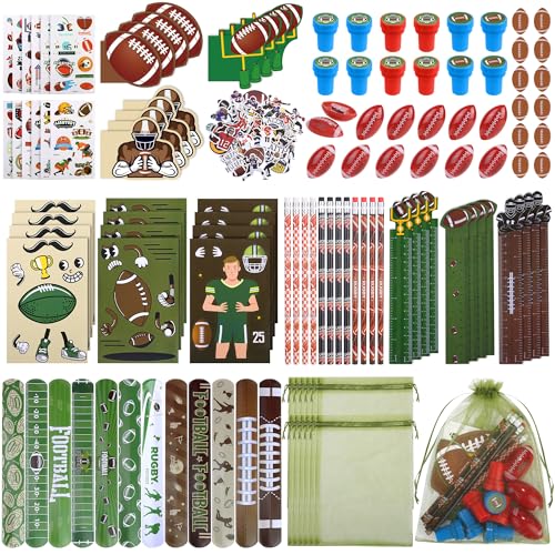 Aneco 170 Piece Football Party Favor Set Football Goodie Bag Stuffers Mini Card Pencil Sharpener Eraser Stamp Slap Bracelet Sticker School Stationery Bulk for Sport Party Team Game Prize Birthday Gift
