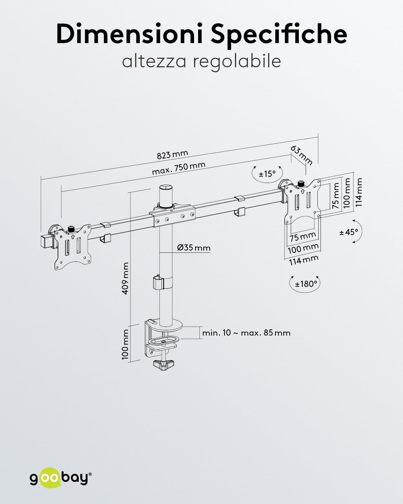 goobay Supporto Doppio Monitor 17-32 Pollici Inclinabile Regolabile in Altezza VESA 100x100 2x Fino a 9 kg con Morsetto Tavolo - Basic - 59394