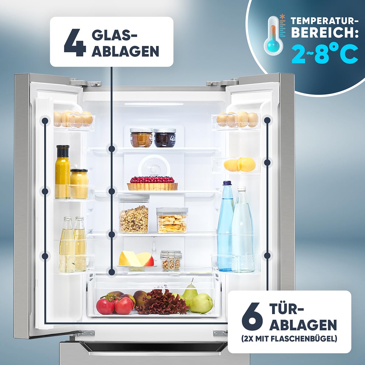 Bomann Réfrigérateur et Congélateur 320L Inox KG7361-Inox, Système MultiAirflow, Totalement Sans Givre, Éclairage LED, 4 Étagères en Verre, 2 Tiroirs Congélation, Économie d'Énergie