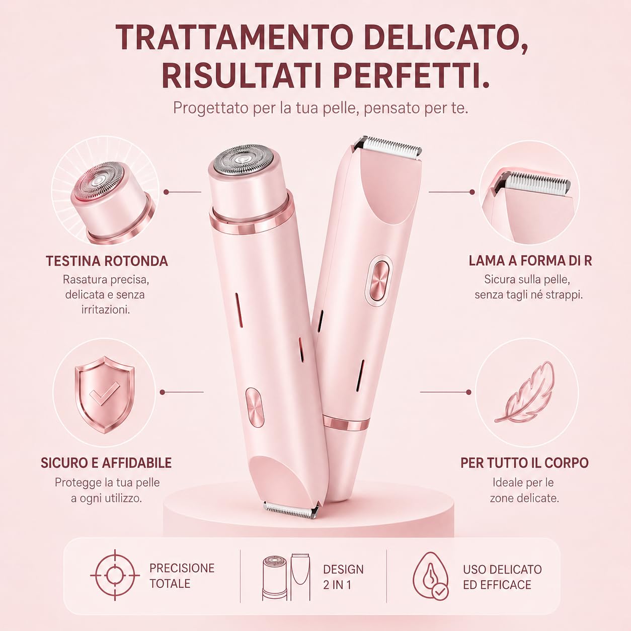 Rasoio Elettrico Donna 2 in 1, Rasoio Donna Parti Intime con Doppia Testina, Depilatore Bikini IPX7 Impermeabile per Zona Bikini, Ascelle, Gambe, Viso e Corpo, Rosa (Blu)
