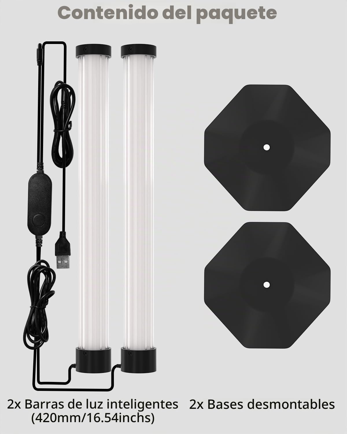 Barra LED RGBIC 43cm, Retroiluminación TV 360°, Pack de 2 | Luz 360 Grados; Largo de 43 cm, Sincronización Música; Efectos RGBIC; Puerto USB 5V; Control por Cable y App