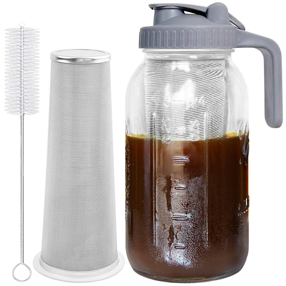 CTRLZS Cold Brew Coffee Maker 64Oz Cold Brew Pitcher with Stainless Steel Super Dense Filter for Iced Brew Coffee Cold Brew Jar Iced Coffee Cold Brew Jar Filter, Ice Tea-B