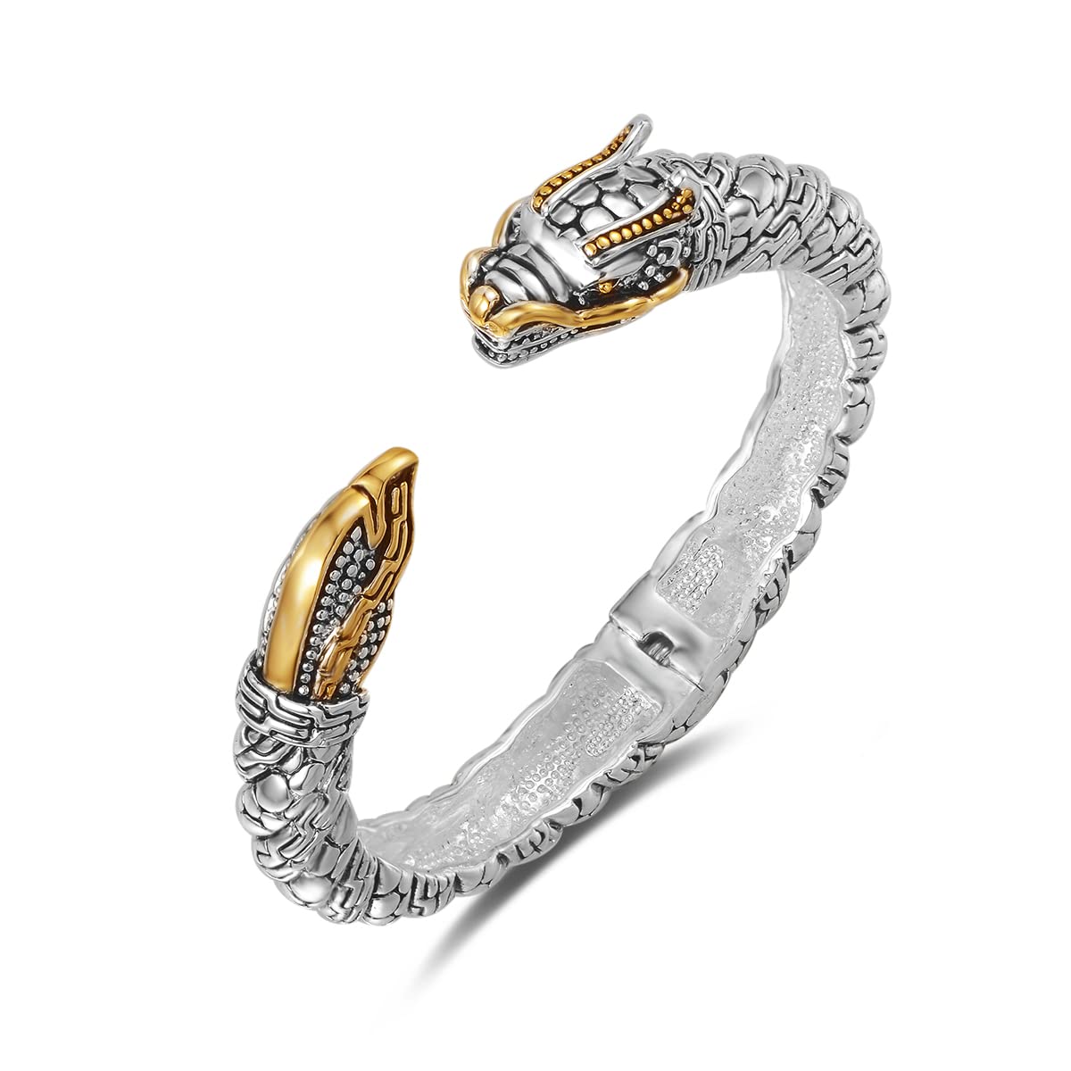 UNY JEWEL Jewelry Chinese Dragon Scale Ball, Dragon Cuff Bangle, Spring Open Two Tone Twisted Cable Vintage Cuff Bangle