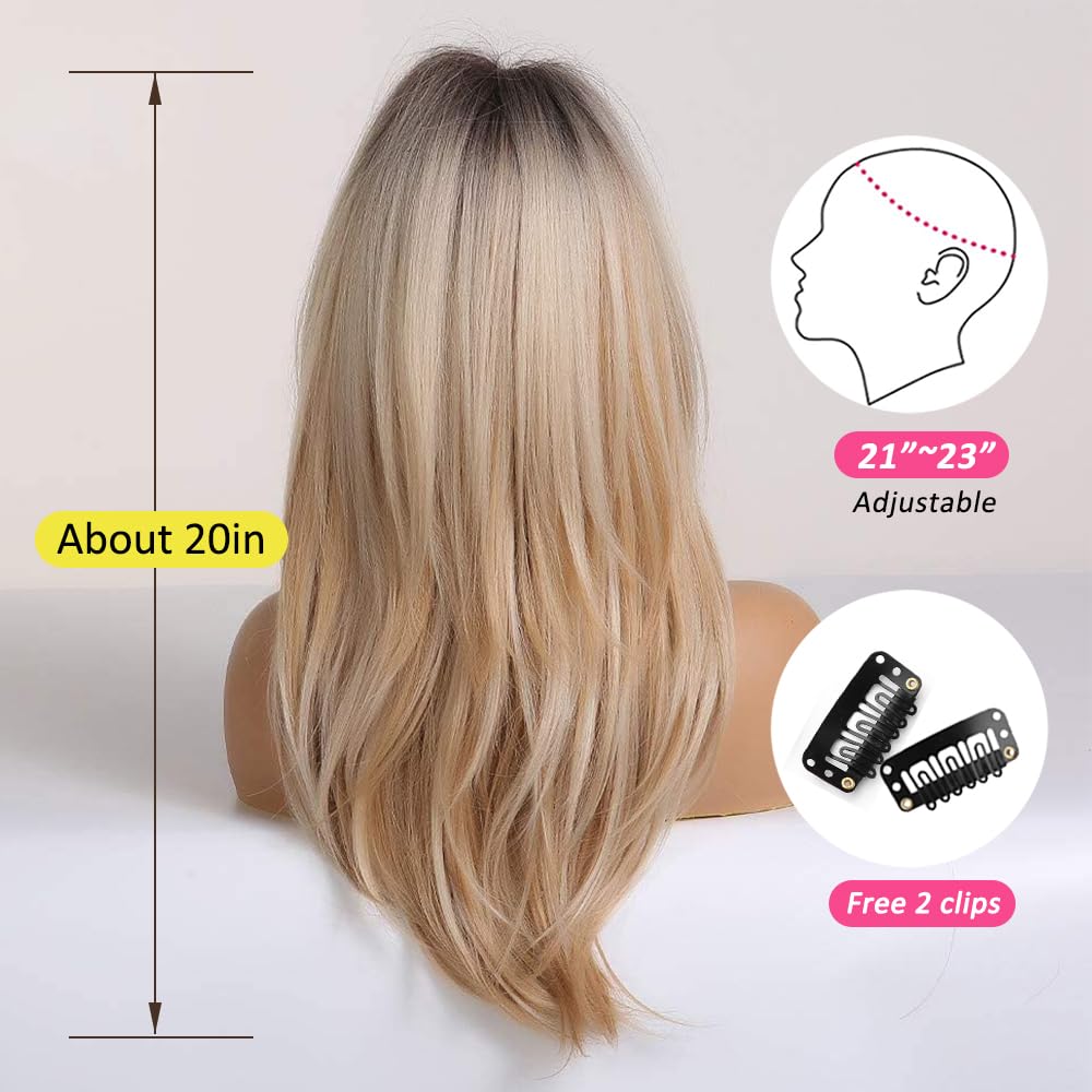 Perruques Blondes pour Femmes Perruque Longue Et Droite avec Franges Cheveux Synthétiques Dégradés avec Racines Foncées pour Un Usage Quotidien Et Festif