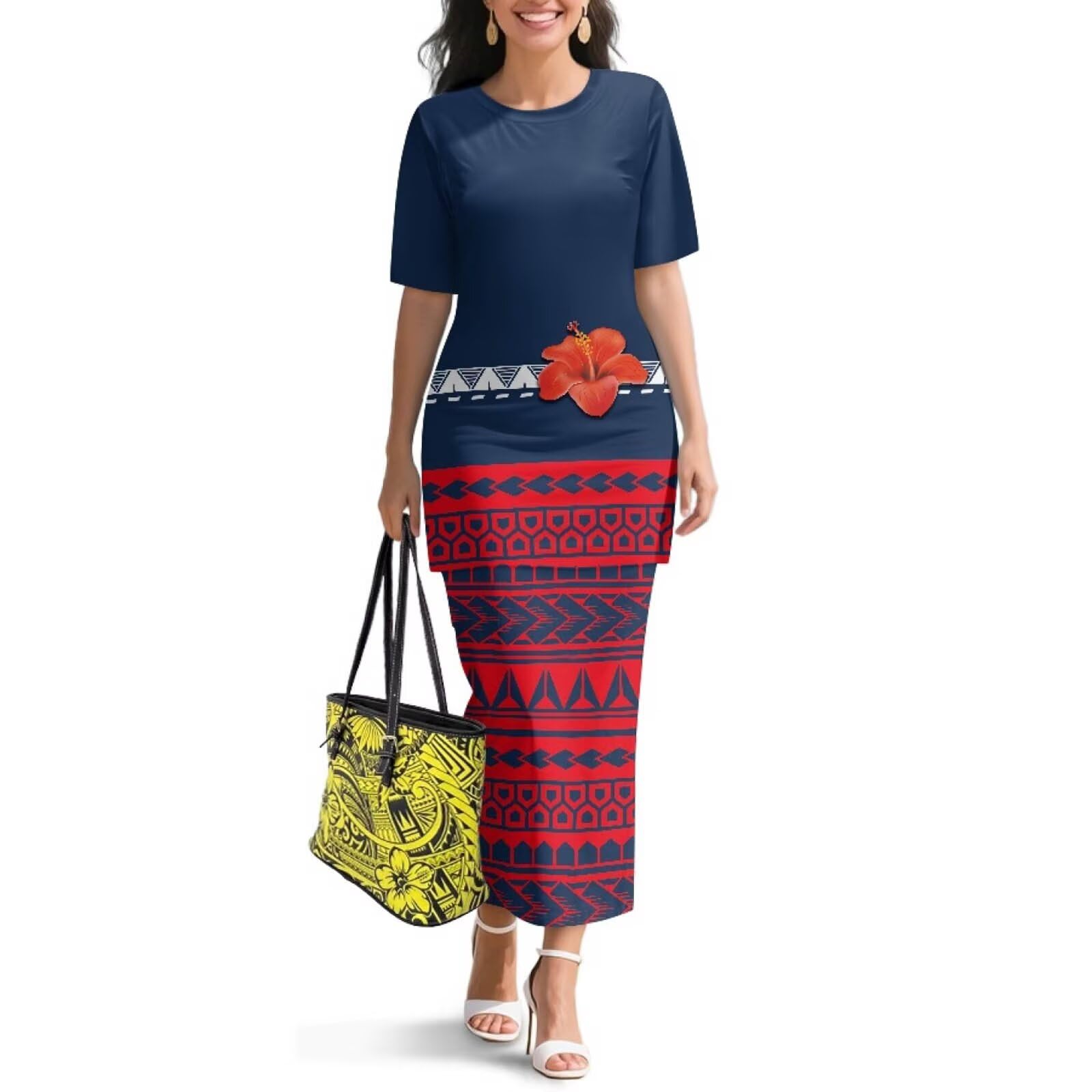Polynesian Dress for Women Short Sleeve High Waist Maxi Skirt