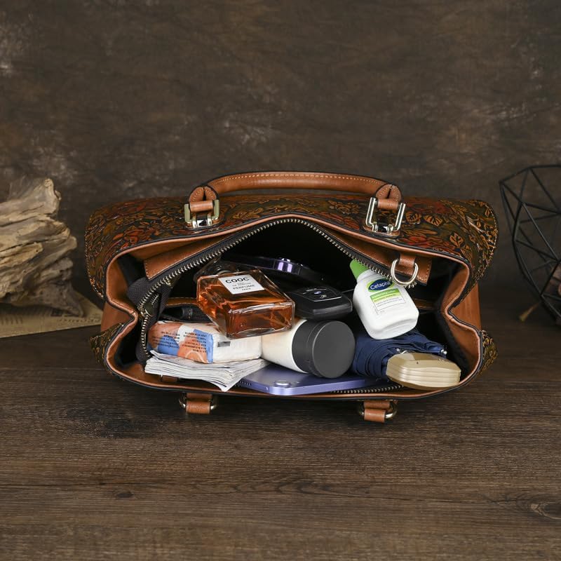 Women's Genuine Leather Top Handle Satchel Handbag Retro Pattern Crossbody Flower Embossed - Image 4